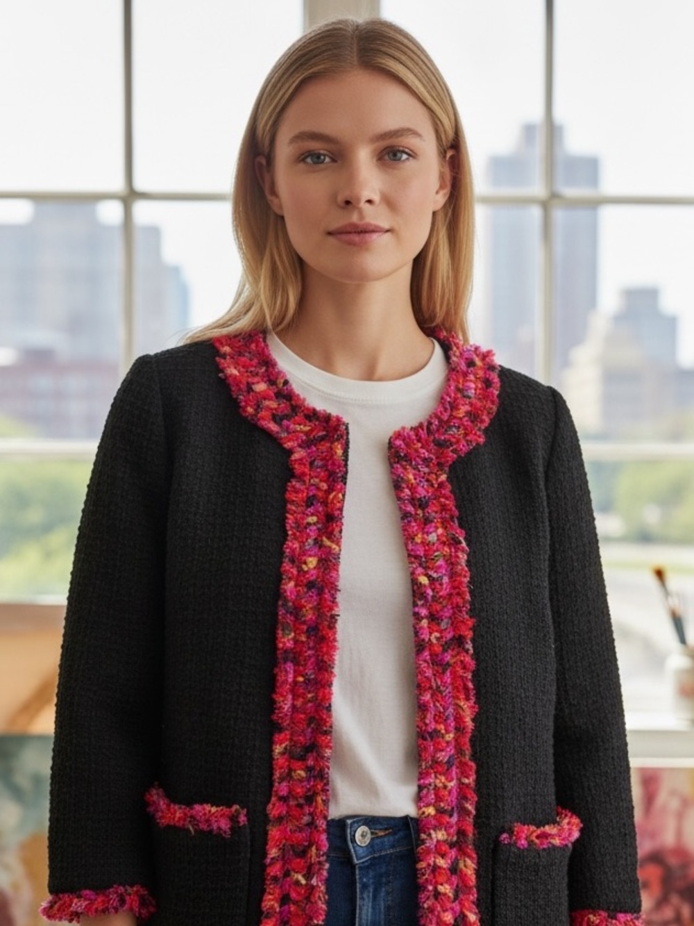 kate spade Black Bouclé Jacket with Pink Trim
